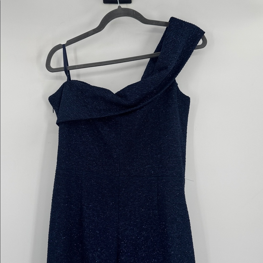 Eliza J Navy Blue Metallic Off The Shoulder Elegant Formal NWT Gown Size 16 - Picture 6 of 12